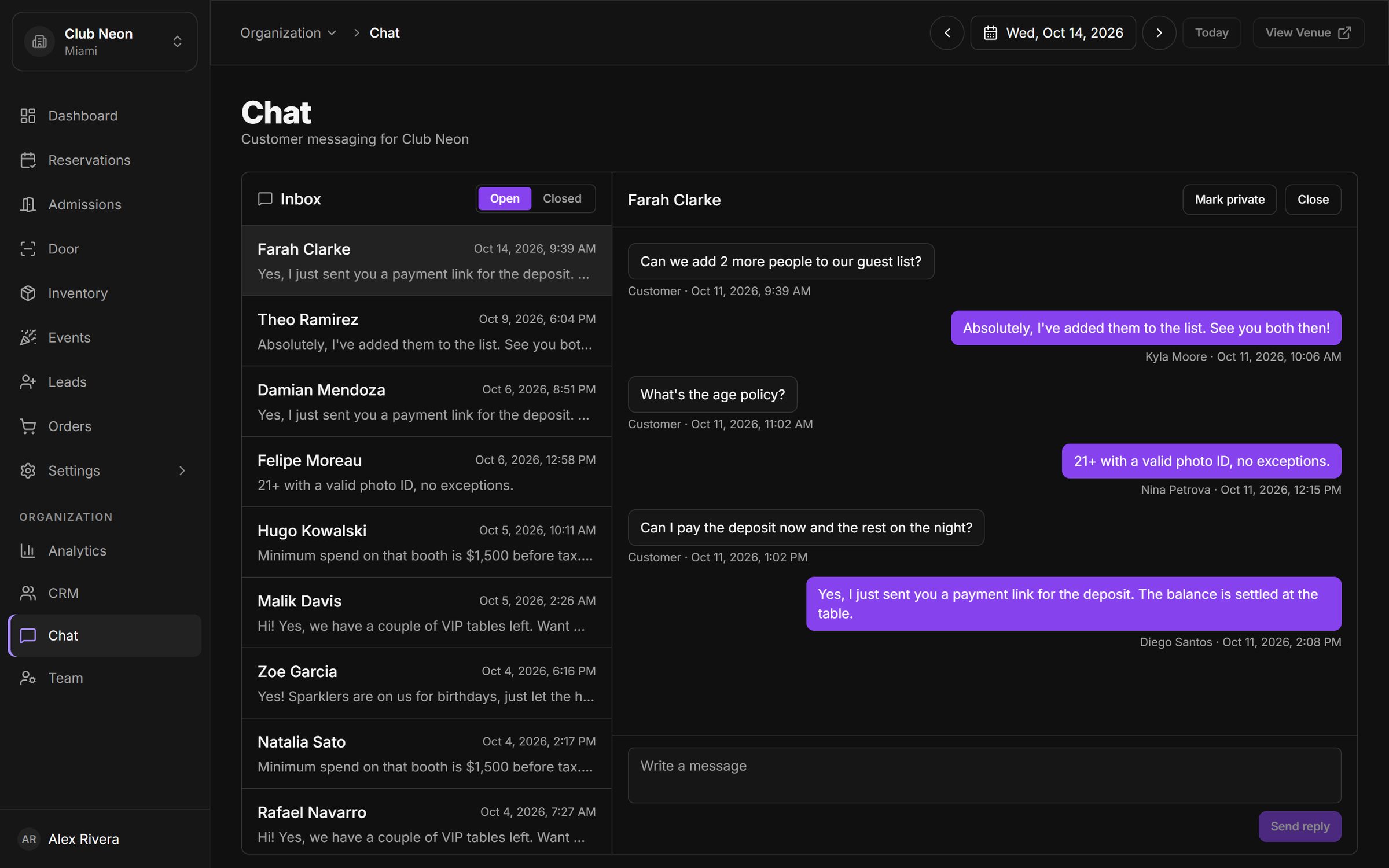 Chat inbox with a list of guest conversations on the left and an open thread on the right where staff answer questions about the guest list, age policy and deposit.
