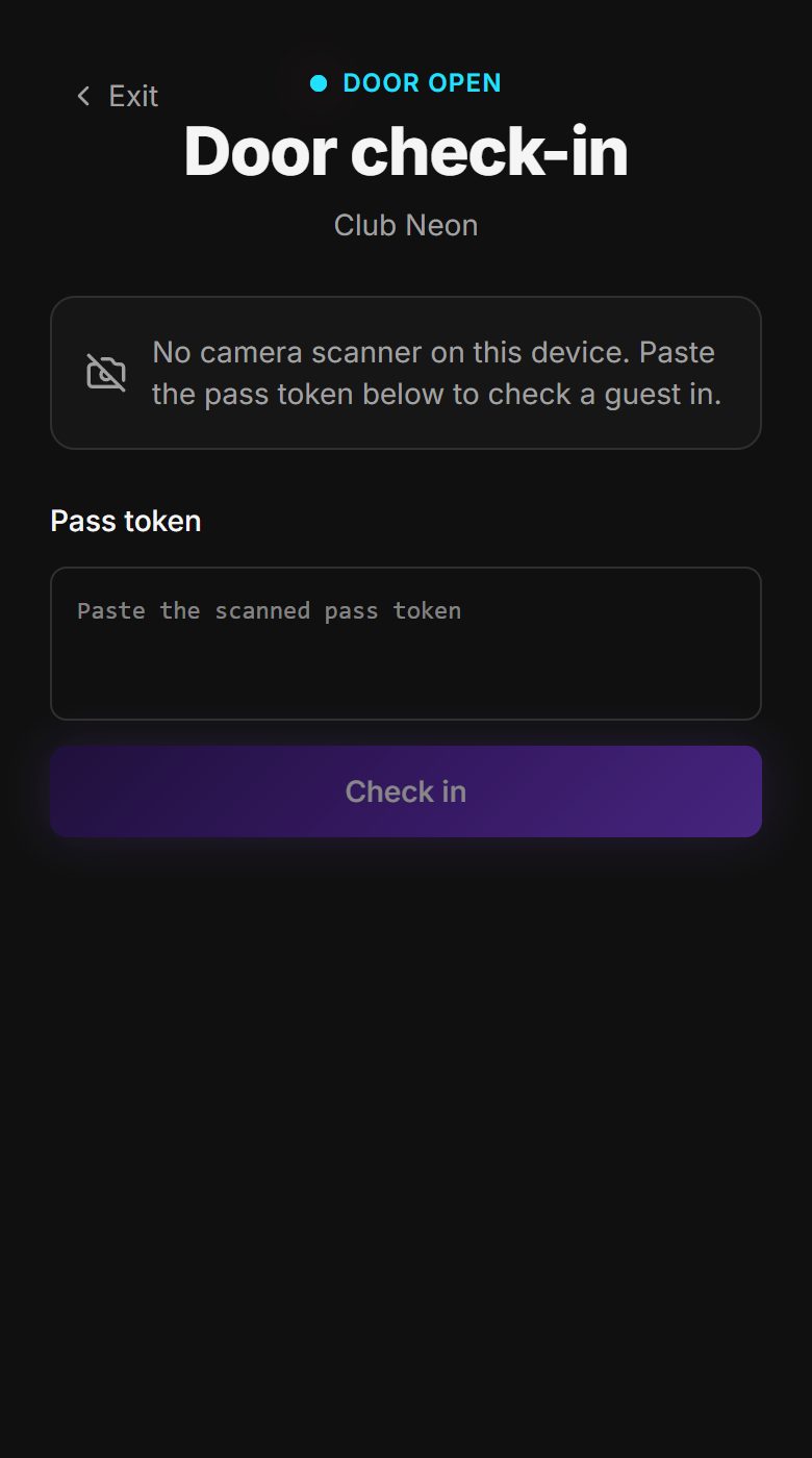 Door check-in screen on a phone, showing the door open status and a field to scan or paste a guest pass.