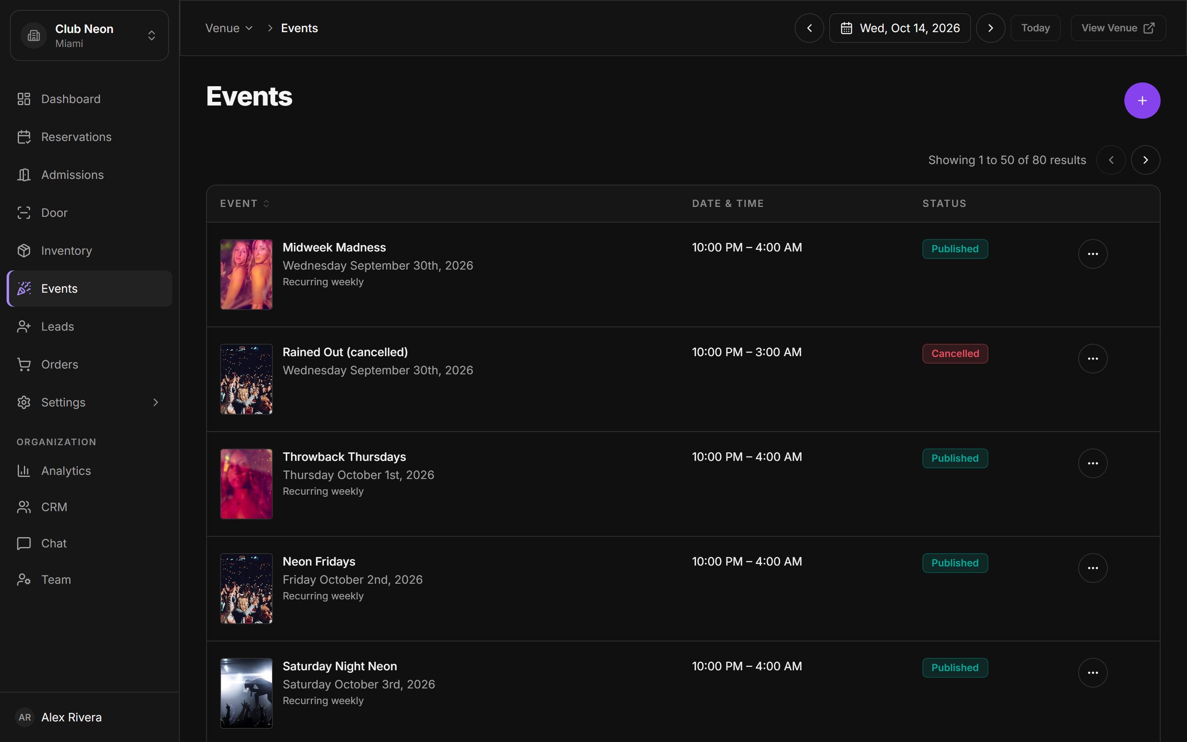 Events list showing recurring weekly parties with cover artwork, date and time, and published or cancelled status badges.
