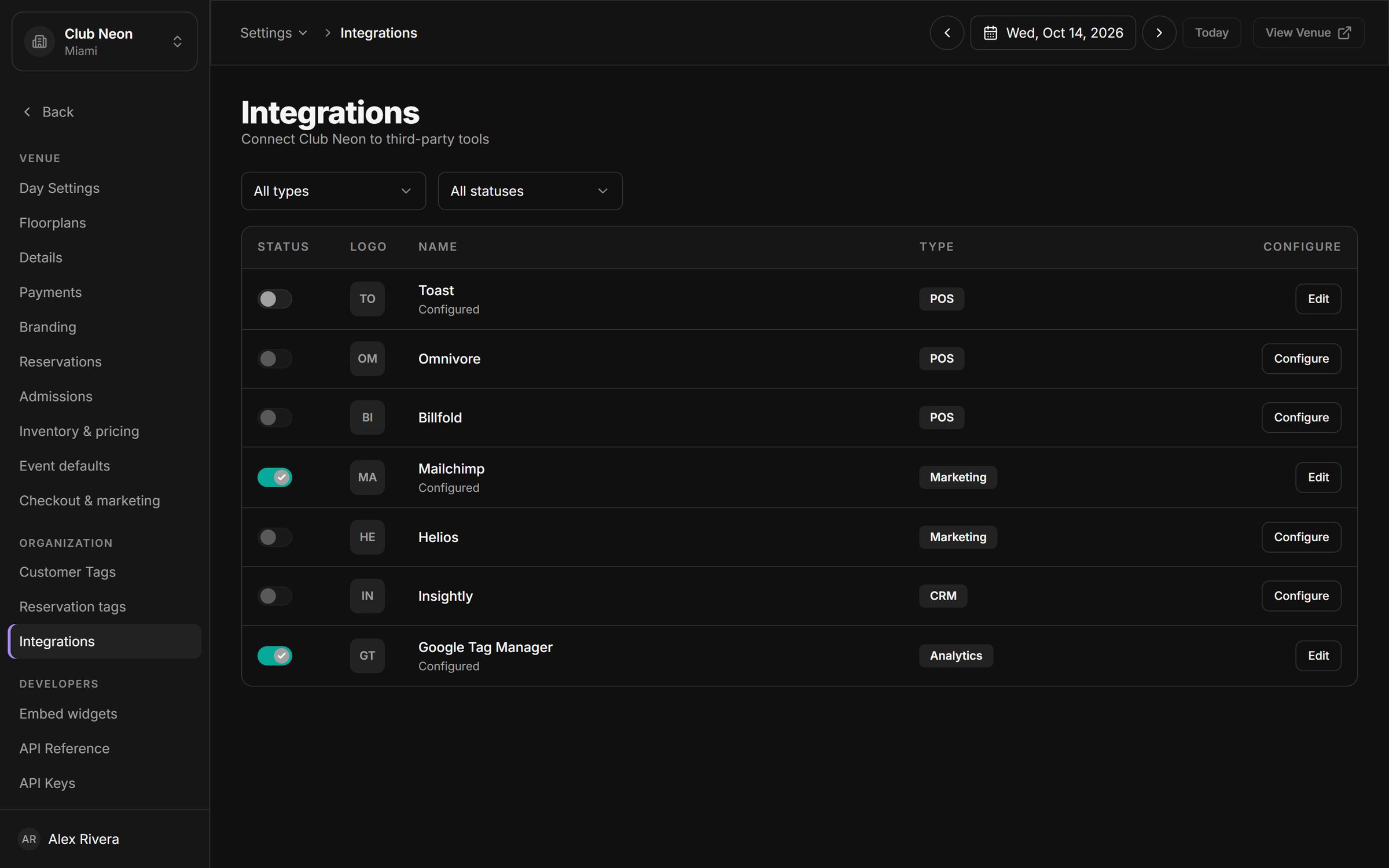 Integrations settings listing POS, marketing, CRM and analytics connectors, each with an on or off toggle and a configure button.