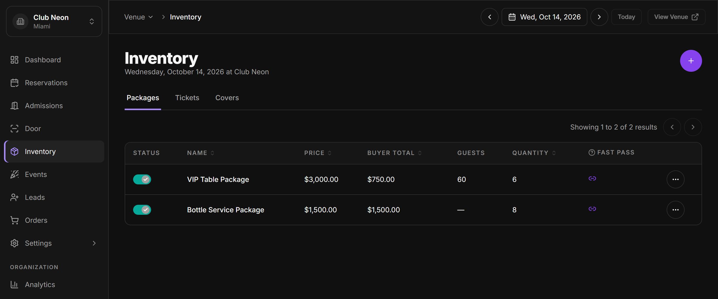 Inventory screen listing table and bottle service packages with price, buyer total, guest count and quantity, each with an on-sale toggle.