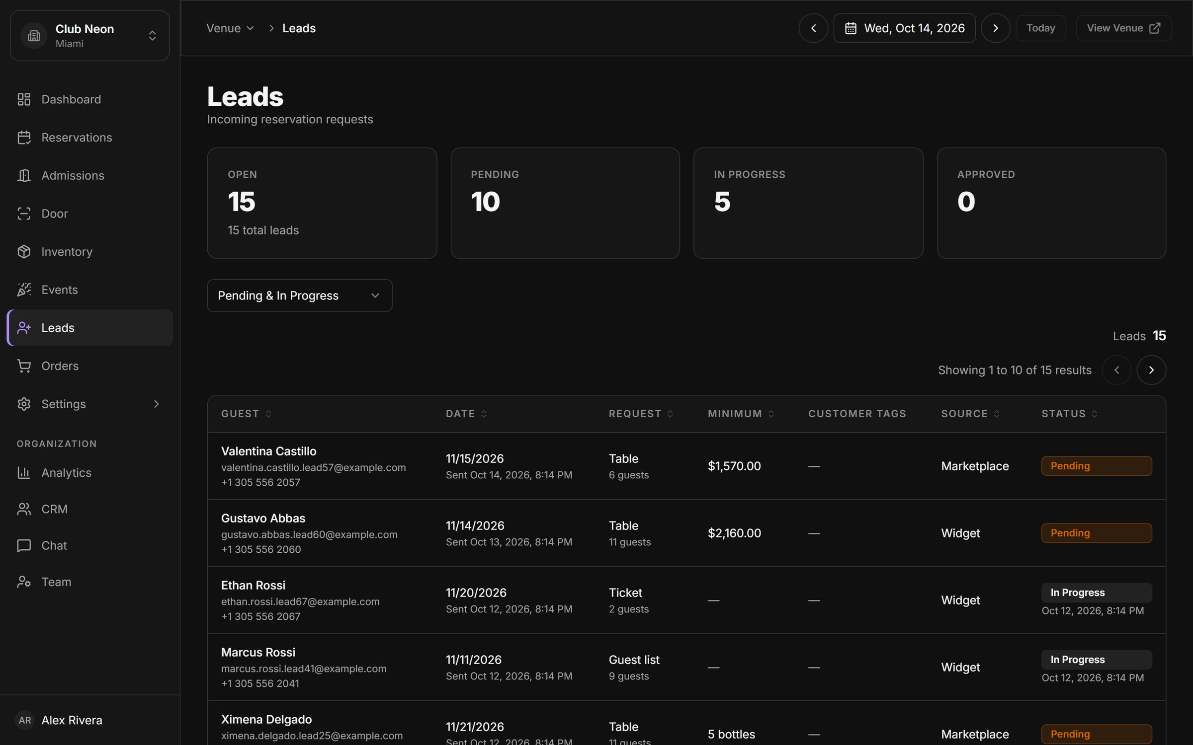 Leads inbox with open, pending, in progress and approved counters and a list of incoming reservation requests with their source.