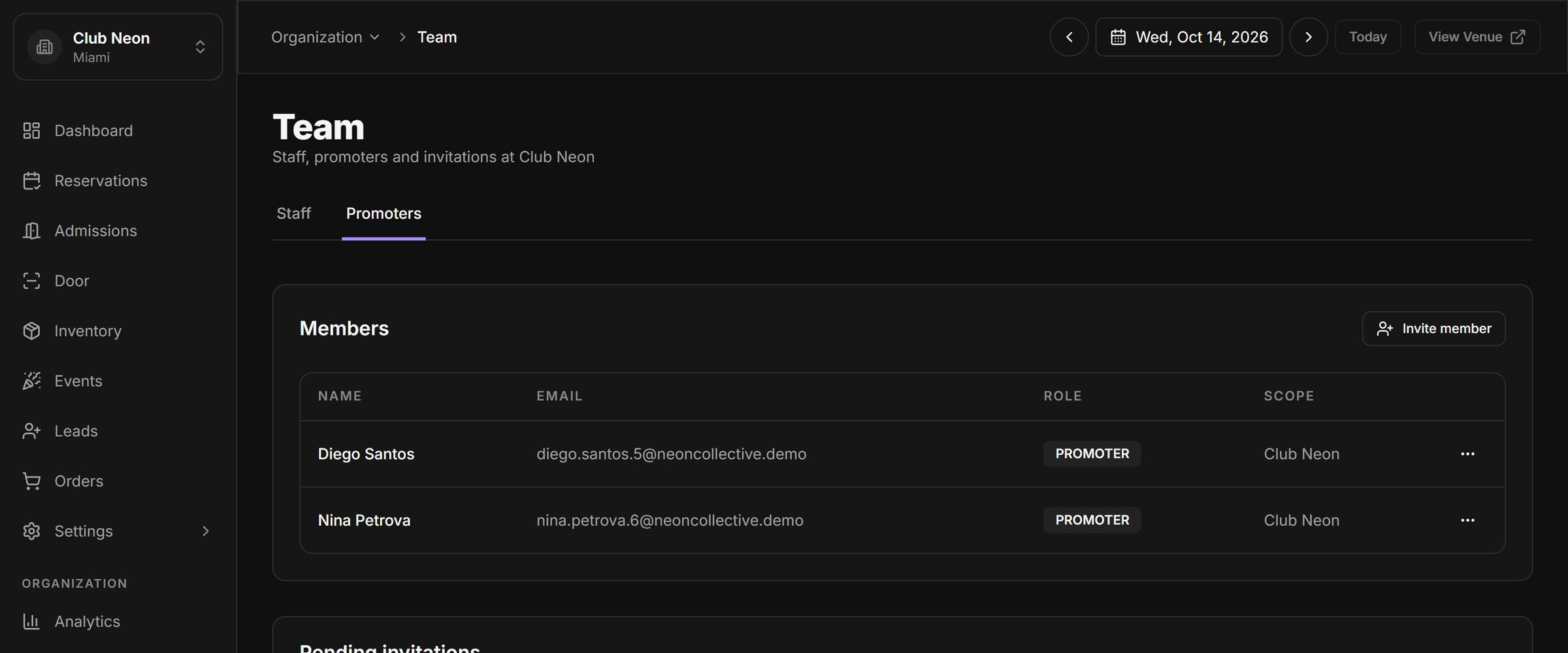 Team screen on the Promoters tab, listing two promoters with their role badge and the venue they are scoped to.