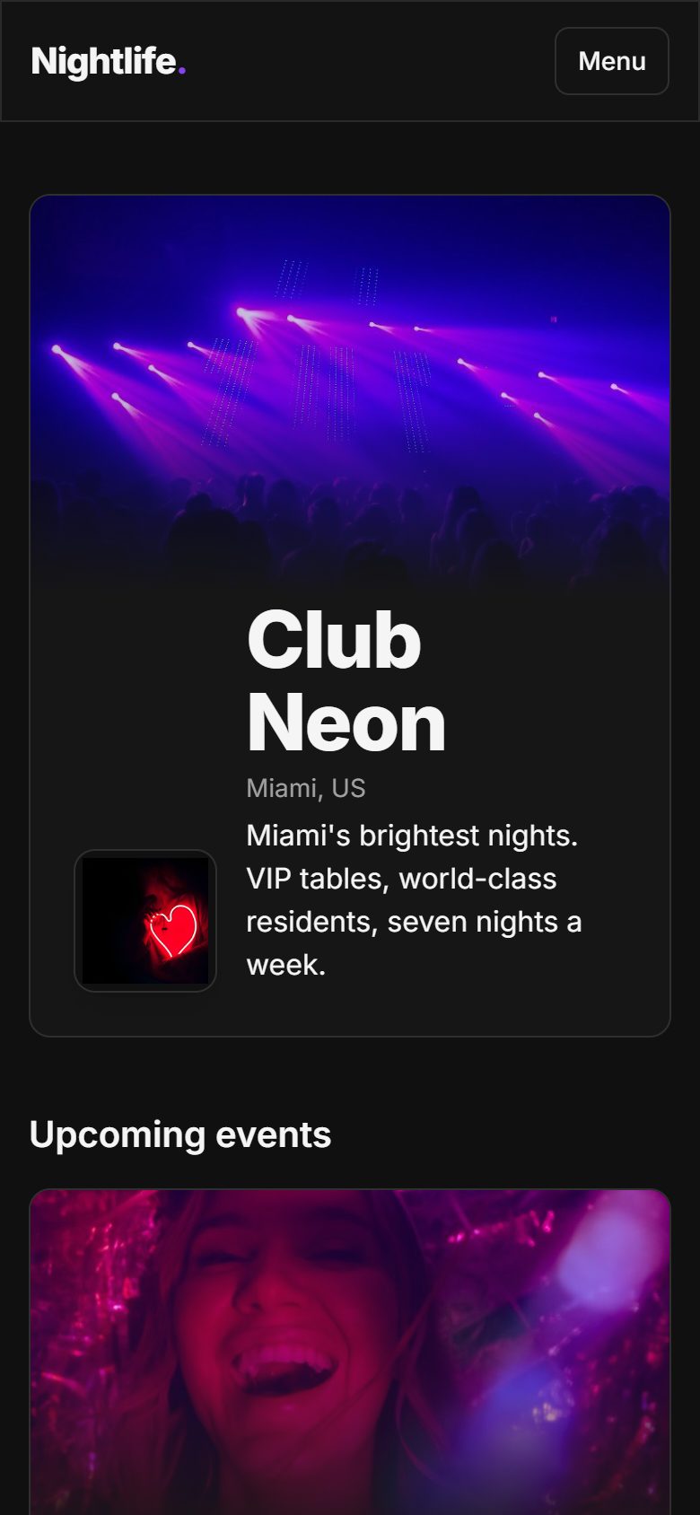 Public venue page on a phone, with the venue's cover photo, name, city and tagline.
