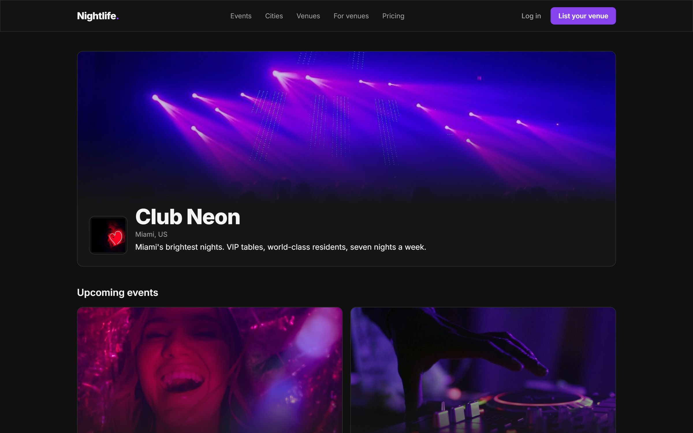Public venue page with a full-width cover photo, the venue name, city and tagline, followed by upcoming event cards.