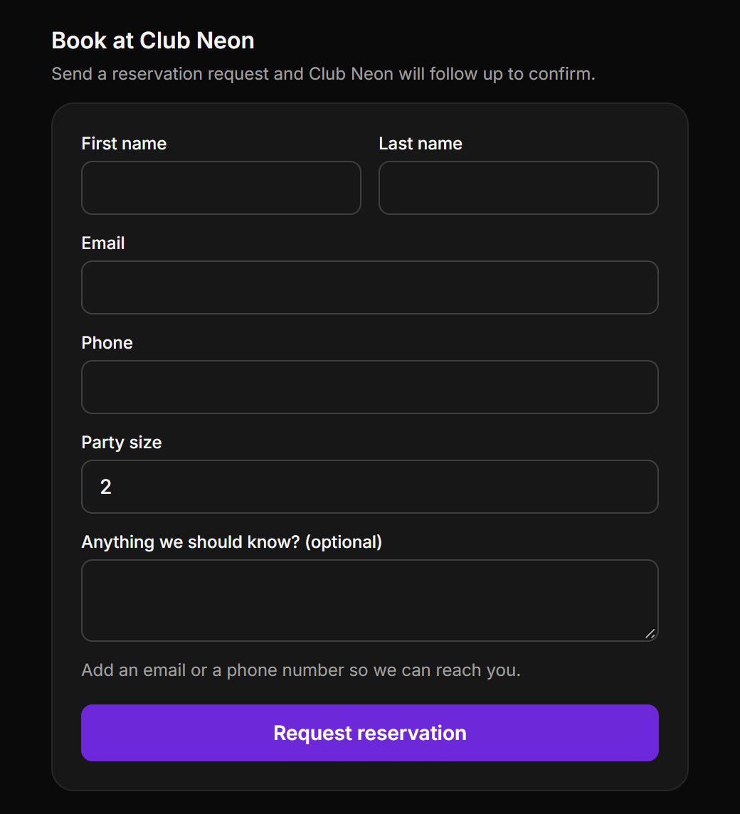 Embeddable reservation request form with first name, last name, email, phone, party size and notes fields and a request reservation button.